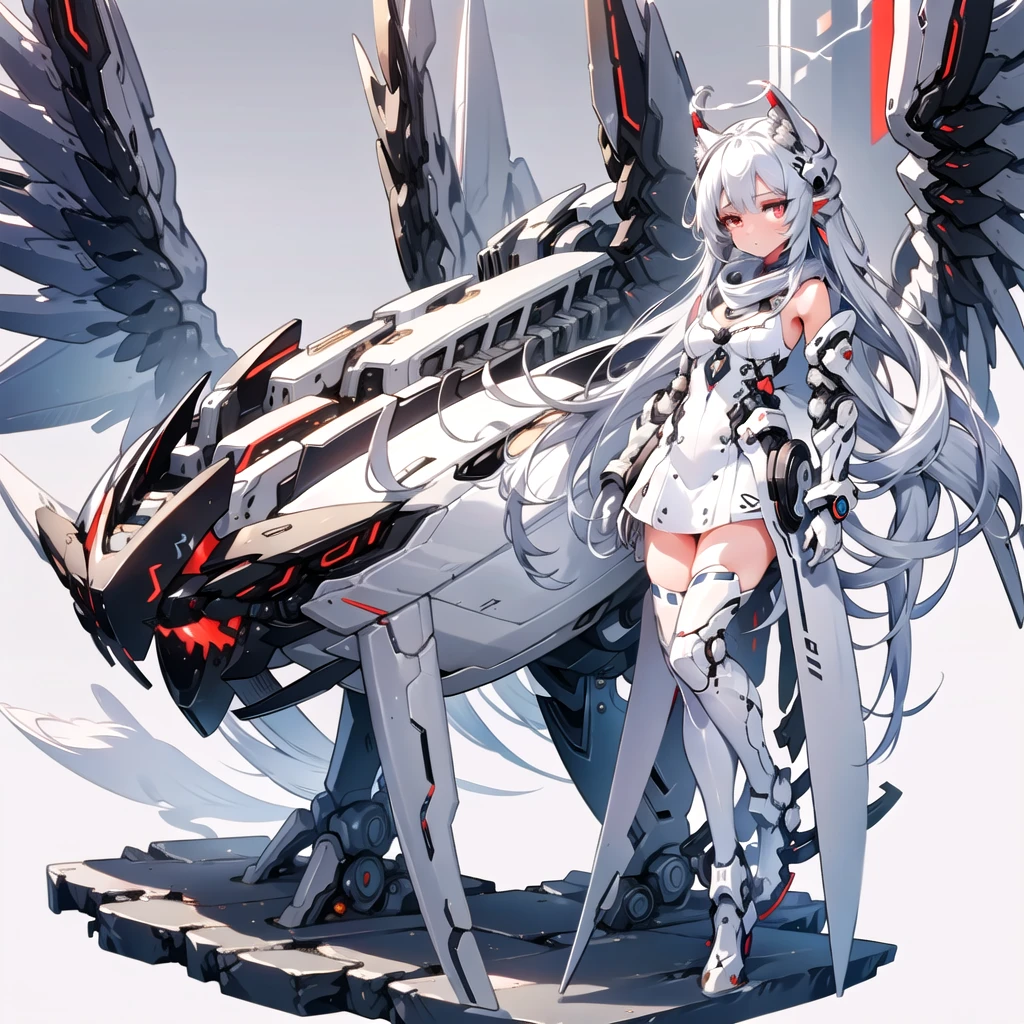 masterpiece, highest quality, highest resolution, clear_image, detailed details, White hair, long hair, cat ears, 1 girl, red eyes, sci-fi dress, white scarf (white scarf around the neck with a light blue glow), gray futuristic halo (gray halo over the head), white wings (6 wings), cute, full body, no water marks, snow, normal ears