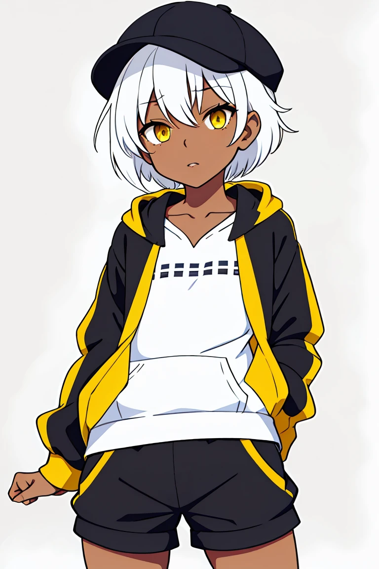 tsunako, 1girl, tomboy, hat, pixie cut, dark skin female, flat chest, shirt, open hoodie, shorts, white hair, yellow eyes