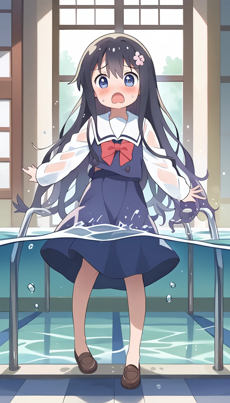 score_9, score_8_up, score_7_up, source_アニメ, masterpiece, 1girl, (work), blue dress, white sailor collar, red bowtie, white long sleeves, full body, looking at viewer, indoors, open mouth, Water Play, Primary school students、Skirt fully open、Long wide skirt、cute、(White underwear)、blush、Watery eye、Lots of water、Wet、((The skirt spreads over the water surface.))、(Drowning)、Underwater Shot Of The Swimming pool