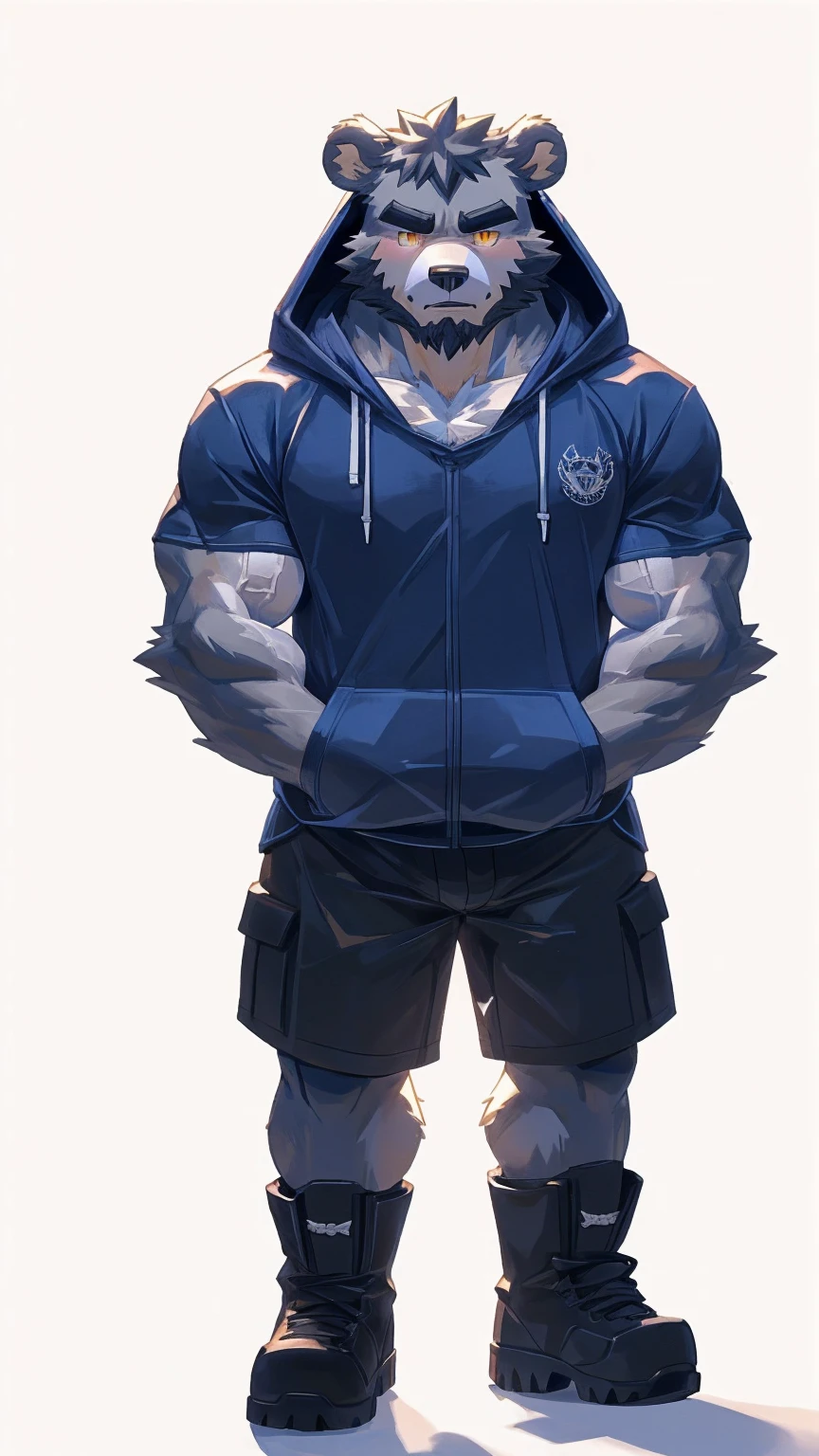 (masterpiece:1.2), best quality,pixiv,official art,perfect anatomy, (Ray tracing, light),solo, (1_male:1.3) , (muscle), (gray fur:1.4), (muscle bear), (beard:1.2), (gleaming golden eyes), Thick black eyebrows, (open hoodie:1.3), (naked inside:1.2), cargo shorts, boots, standing alone, unhappy , (pure white background with a big hourglass :1.3) , less background , front view