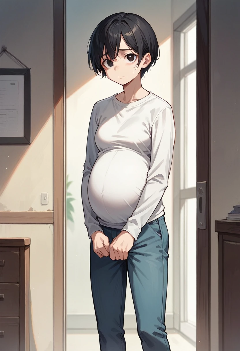 score_9, score_8_up, score_7_up, score_6_up, straight hair, short hair, black hair, black eyes, shirt, long sleeves, pants, indoors, standing, looking at viewer, uncomfortable