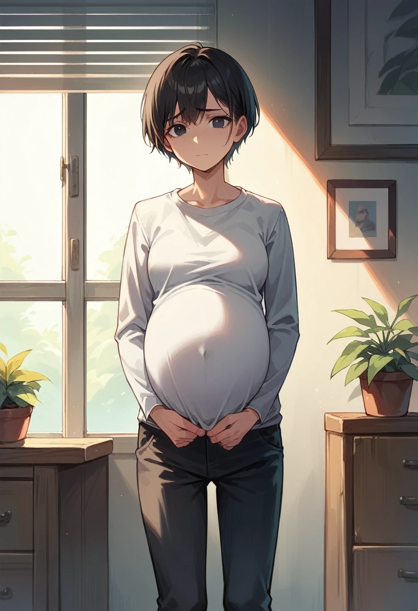 score_9, score_8_up, score_7_up, score_6_up, straight hair, short hair, black hair, black eyes, shirt, long sleeves, pants, indoors, standing, looking at viewer, uncomfortable