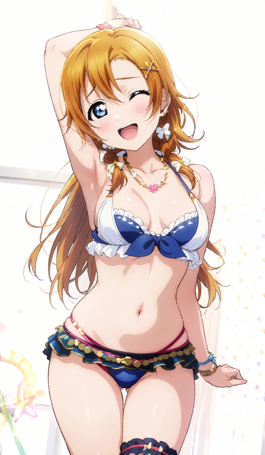 (masterpiece), (best quality), 1girl, medium breasts,id_honoka_kosaka, bikini, swimsuit, hands up, armpits