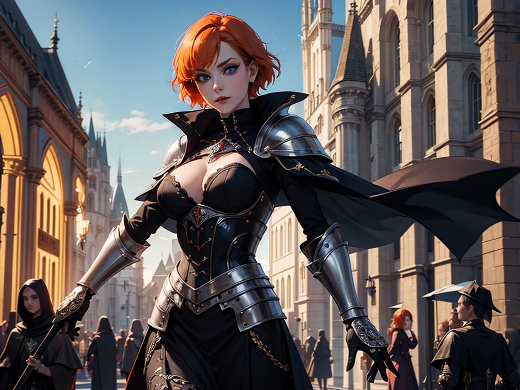 A beautiful and wonderful vampire woman, extremely detailed, short orange hair, wearing extremely detailed gothic armor, blue eyes in medieval public square, palace, crepúsculo, 8k, linda, sacerdotisa, crepúsculo, entardecer, vampira, gothic armor.