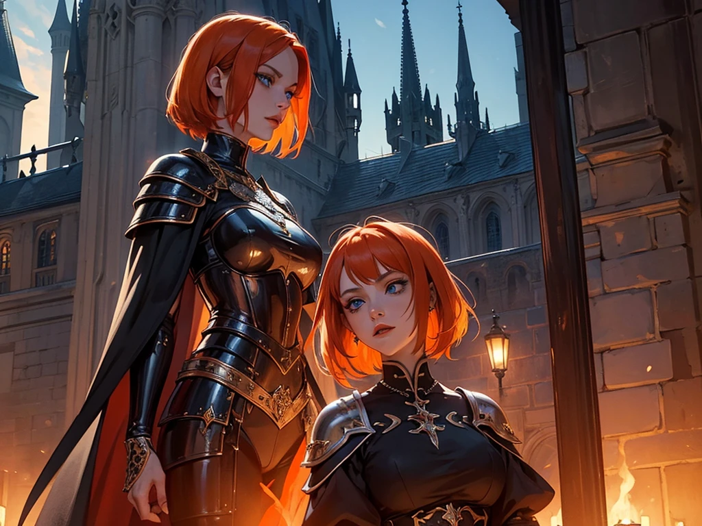 A beautiful and wonderful vampire woman, extremely detailed, short orange hair, wearing extremely detailed gothic armor, blue eyes in medieval public square, palace, crepúsculo, 8k, linda, sacerdotisa, crepúsculo, entardecer, vampira, gothic armor.