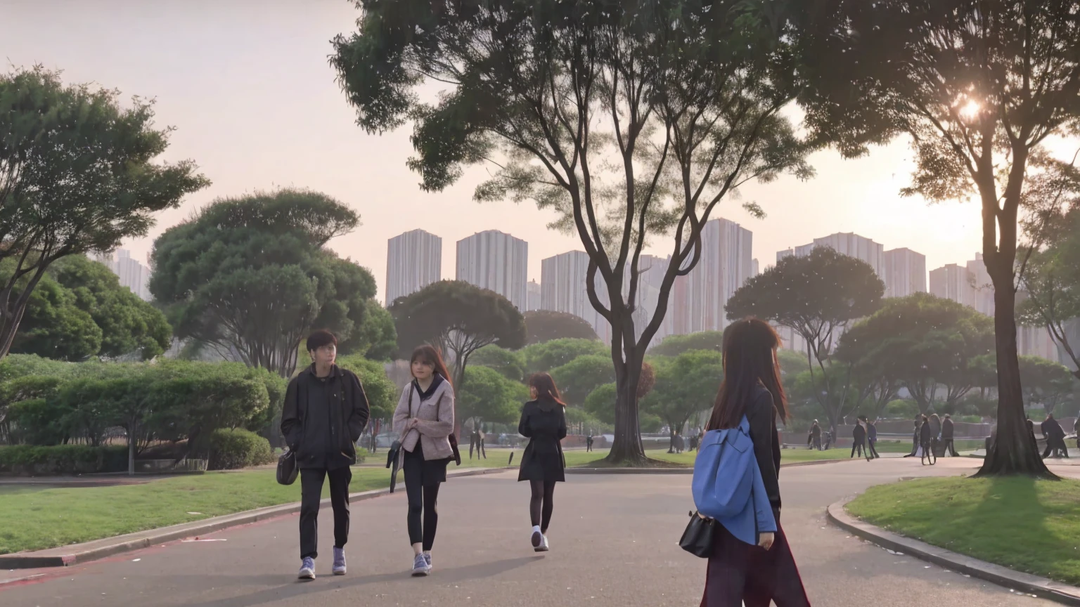 Animated graphics,Young Asian people in a park in a city in Greater Bay Area,