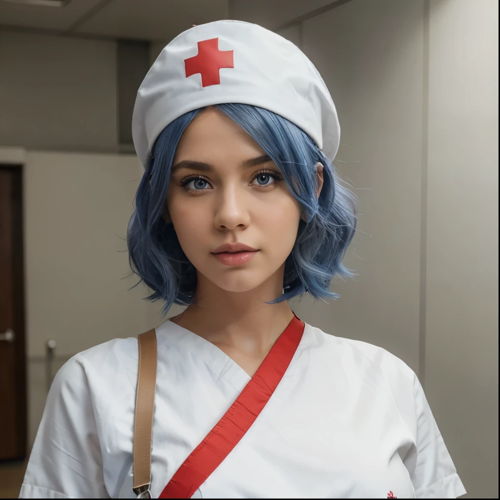 A beautiful biracial girl full body, in white nurse uniform wuth a red cross in hospital, white nurse hat with a red cross, light blue eyes, blue hair, extremely detailed full body, large breasts, realistic, photo-realistic, 8k, best quality, masterpiece, ultra-detailed, vivid colors, studio lighting, sharp focus, physically-based rendering, professional