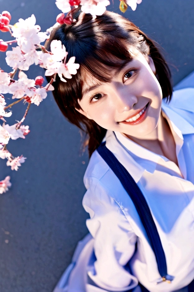 (Highest quality,masterpiece:1.3,Ultra-high resolution),(Very detailed,Caustics,8K),(Realistic:1.4,RAW shooting),1 Girl,(smile),(cherry blossomsを見上げる),18-year-old,cute,Japanese,Short black hair,(school uniform),glamorous,(big ),(Face Focus),street,cherry blossoms,Natural light,(Lens flare),Professional Writing,(Cowboy Shot),(bird&#39;s&#39;s point of view:1.2),(High position:1.4),(High Angle:1.4)