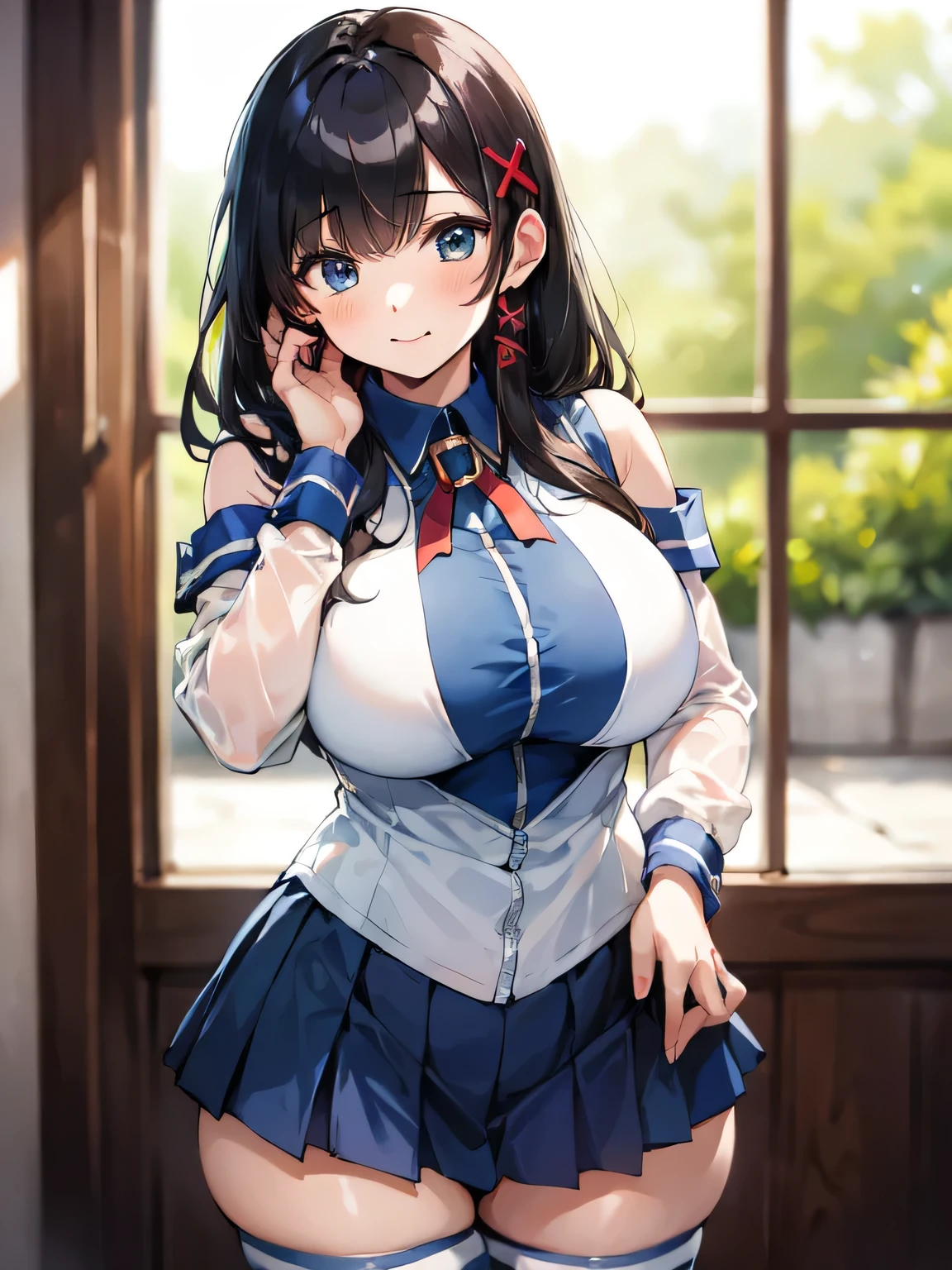 xp-tan, ((masterpiece)), ((best quality)), (ultra-detailed), ((extremely detailed)), 4K, (8K), , 1girl, (((full color))), ((((perfect anatomy)))), (five fingers), , (beautiful detailed black hair), (((world-class quality))), photorealistic, extremely detailed, high resolution, (((detailed shaded pretty face))), house wife, beautiful detailed eyes, solo, ((glowing detailed skin and hair)), white-skinned, ((((gleaming skin)))), fucked silly, baby face, full-face blush, (sagging breasts) ,thigh ,huge breasts, in heat BREAK xp hair ornament, detached sleeves, blue skirt, thighhighs, long sleeves, blue pleated skirt BREAK