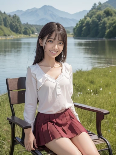 Japanese female, a lot of details, (underweight), 30 years old, detailed black hair, beautiful detailed hair, super fucking beautiful, delicate beautiful face, complex details beautiful and delicate eyes, perfect hands, (flat chest best quality:1.5), perfect and delicate limbs, detailed skin, best quality, ultra-detailed,(cheerful grin:1.5),
lake, camping car:1.5, sitting, cross-legged, wave hair, (red long-sleeved t-shirt), (frilled skirt, white silk Clothes), (with a Mug:1.2), japanese, in the grassland, with a grassland, with a lake, with a chair, in the morning, cowboy shot, side view, ground-level shot:1.4, extreme wide shot, sunrise