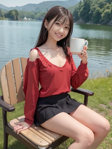 Japanese female, a lot of details, (underweight), 30 years old, detailed black hair, beautiful detailed hair, super fucking beautiful, delicate beautiful face, complex details beautiful and delicate eyes, perfect hands, (flat chest best quality:1.5), perfect and delicate limbs, detailed skin, best quality, ultra-detailed,(cheerful grin:1.5),
lake, camping car:1.5, sitting, cross-legged, wave hair, (red long-sleeved t-shirt), (frilled skirt, white silk Clothes), (with a Mug:1.2), japanese, in the grassland, with a grassland, with a lake, with a chair, in the morning, cowboy shot, side view, ground-level shot:1.4, extreme wide shot, sunrise