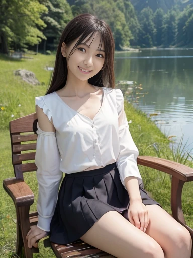 Japanese female, a lot of details, (underweight), 30 years old, detailed black hair, beautiful detailed hair, super fucking beautiful, delicate beautiful face, complex details beautiful and delicate eyes, perfect hands, (flat chest best quality:1.5), perfect and delicate limbs, detailed skin, best quality, ultra-detailed,(cheerful grin:1.5),
lake, camping car:1.5, sitting, cross-legged, wave hair, (red long-sleeved t-shirt), (frilled skirt, white silk Clothes), (with a Mug:1.2), japanese, in the grassland, with a grassland, with a lake, with a chair, in the morning, cowboy shot, side view, ground-level shot:1.4, extreme wide shot, sunrise