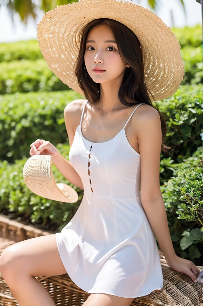 one-piece dress white straw hat