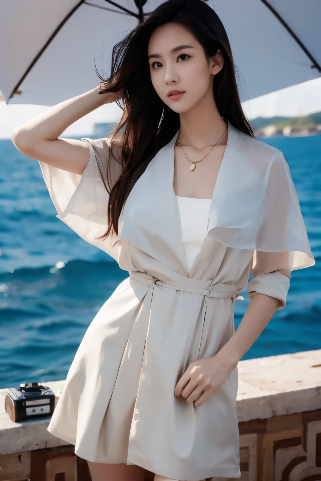 Beautiful woman with perfect body：1.4，Layered Hairstyle，Highly detailed face and skin textures，Double eyelids，Skin Whitening，Long hair，Whitened long legs，（Uniforms，necklace），Standing by the sea，Half-length photo