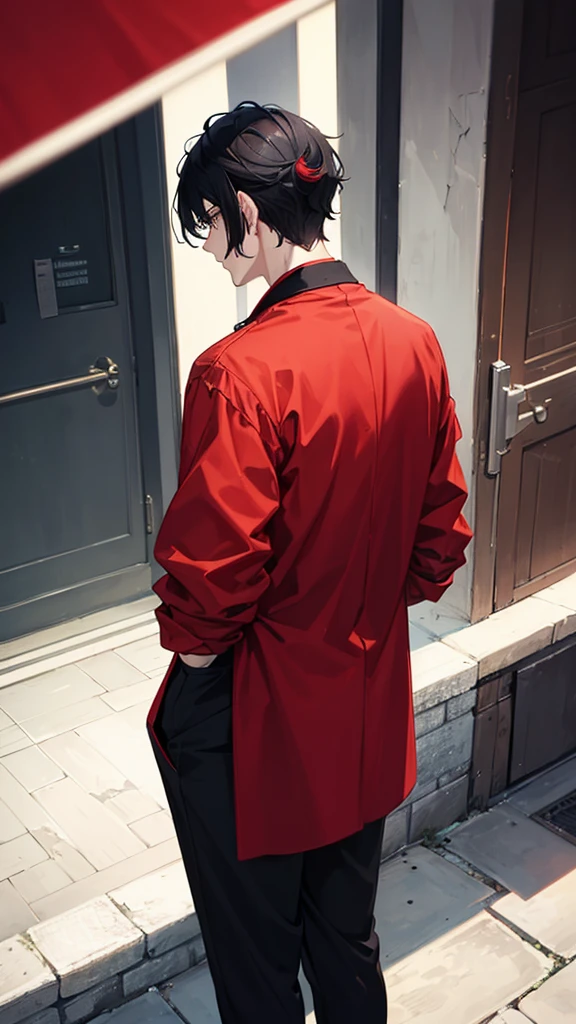 A man with a medium-parted, black hair, wearing a red hairstyle, stands with his back looking cool.