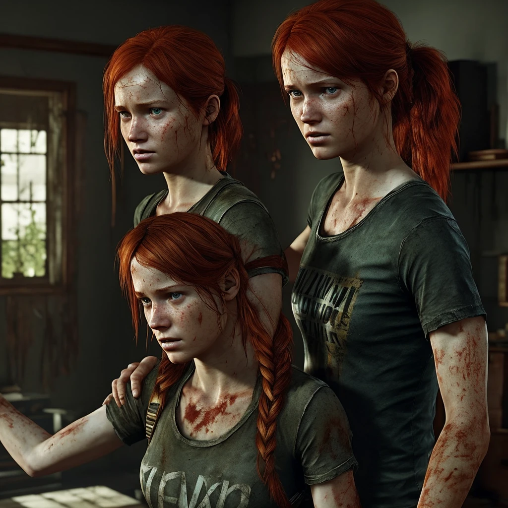 I'd like to create a red-haired woman, tying her hair with a black rubber band while she's in her apartment (not very in good condition) in just a t-shirt on. The last of us part 1 theme. She's alone, and He has a wound on his right arm.