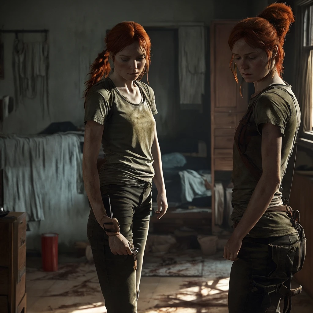 I'd like to create a red-haired woman, tying her hair with a black rubber band while she's in her apartment (not very in good condition) in just a t-shirt on. The last of us part 1 theme. She's alone, and He has a wound on his right arm.