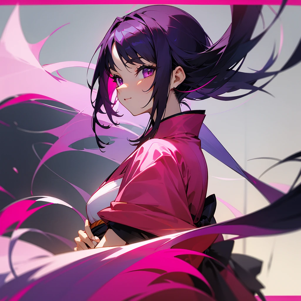 Has pink, glossy black hair and purple hair, height 169 and wearing a red Japanese kimono, she is at the cafe