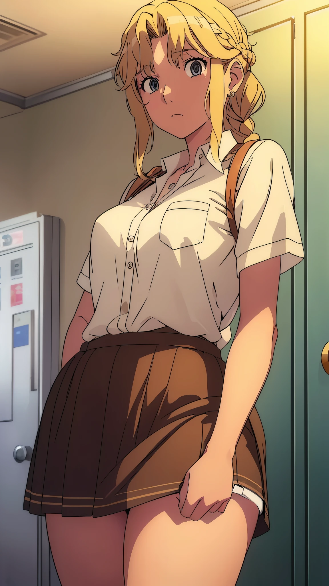 (high school girl、Tan Skin、Brown skin、Earrings、Change of clothes、cap、shirt、satin bra、Satin Panties)、(Hairstyle:french braid、Blonde)、locker room