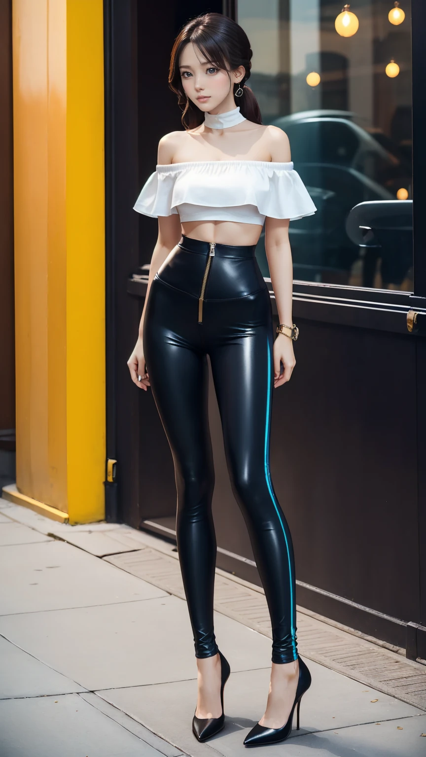 24-year-old female、Sexy proportions、Sexy、Narrow waist、Wear a high-neck zipper-up off-the-shoulder top、Wear colorful leggings、Wear high heels、I'm halfway across a stone bridge over a river in a lush countryside.、Leaning on the railing、View of the river、smile、Beautiful blue sky、Cinematic light effects、Ultra high definition((uhd))、High detail((high detailodel Body Type、Thin, long and beautiful thighs