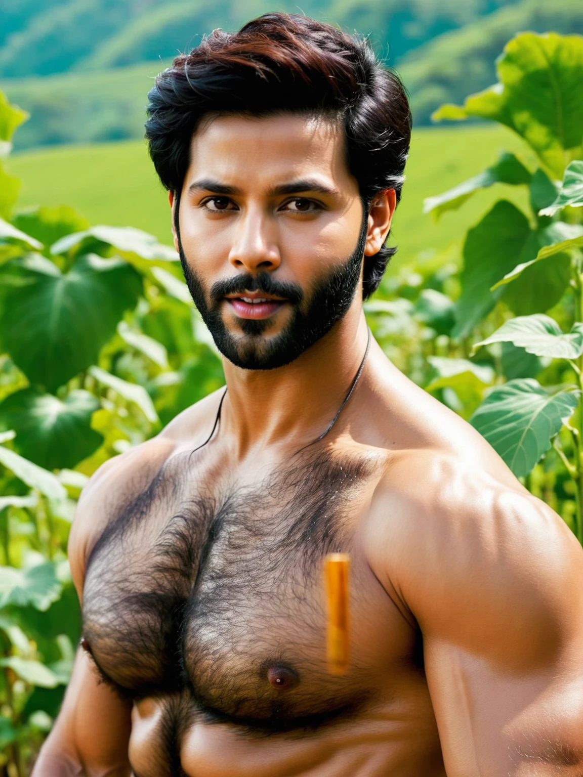 a detailed photo of an attractive varun dhawan a man with detailed face, body hair, posing in a scenic farm