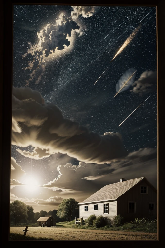 A pencil drawing of a meteorite about to crash into a small farm house at night