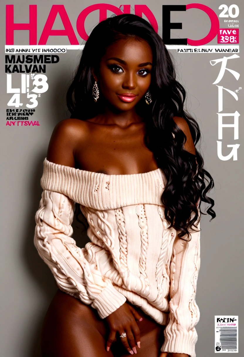 Magazine cover,Long hair,Beautiful sexy black woman(Wear an off-shoulder sweater),,(dark skin),E7E48U,excited,Small Breasts,pubic hair