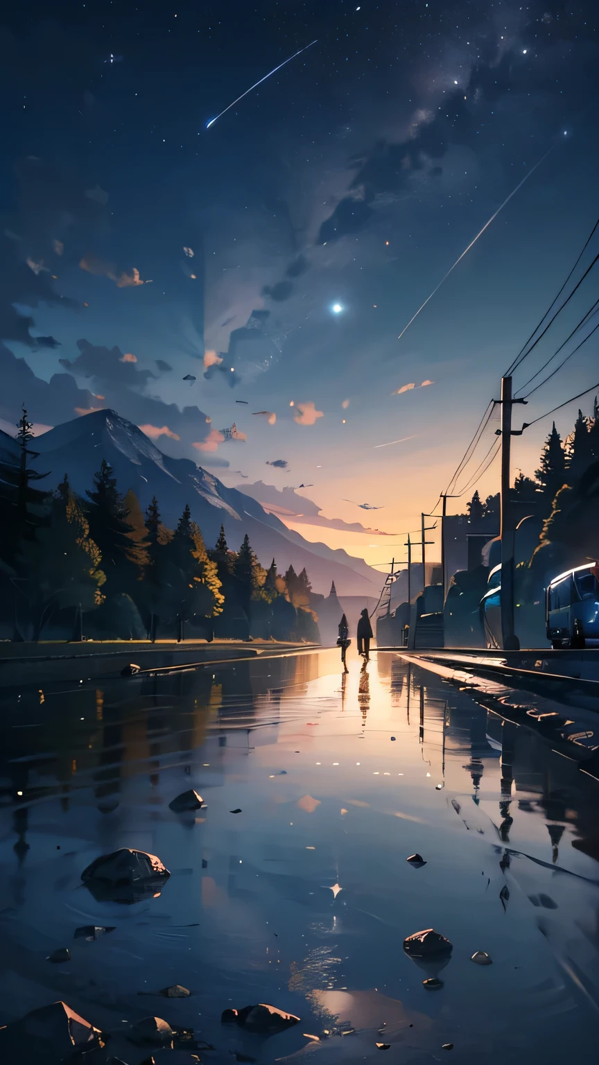 High quality masterpiece, landscape, Animated train passing through water on the tracks, Bright starry sky. Romantic Train, Pixiv, Concept Art, Lofi Art style, reflection. by makoto shinkai, Lofi Art, Beautiful anime scene, Anime landscape, Detailed landscape — width 672, in makoto shinkai&#39;style, makoto shinkai&#39;style, Enhanced Details.