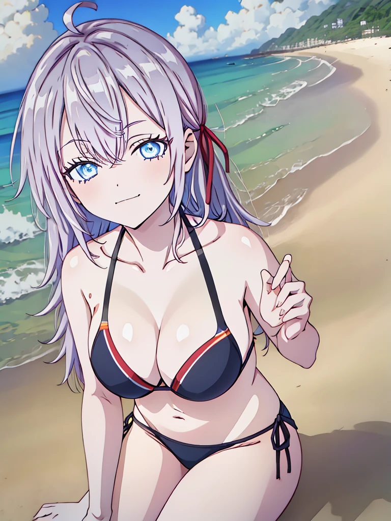 1girl, alya, white hair, long hair, hair ribbon, blue eyes, bikini, in all four, smug face, beach, anime style, 2D, neko hands pose