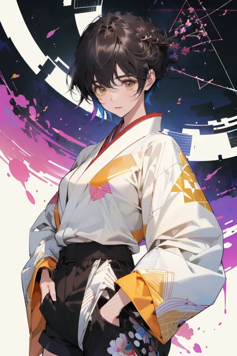 ((Highly detailed CG unit 8k wallpaper, masterpiece, high resolution, best quality, best qualityのリアルテクスチャスキン)), ((Very beautiful woman, Komatsu, Attractive appearance, Full lips, Hands in pockets pose:1.5, Upper Body, Japanese style haori, I hide my hands behind my big sleeves.:1.2, Japanese pattern shorts)), (Dirty black hair, White skin, Small Breasts), ((Colorful background with geometric patterns, And the background of the handle, Cool colors, White background)), Ink Painting, Surreal, number, Concept Art,