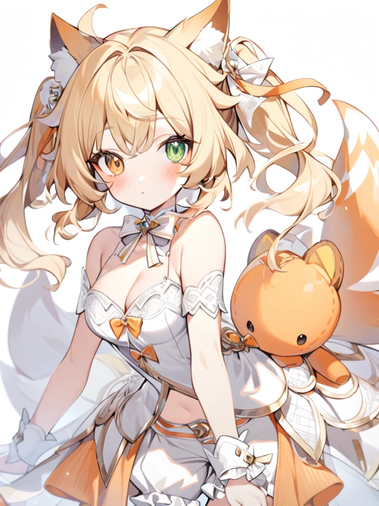 1girl, Cute girl, big eyes,Nice face,The fox girl,bangs, bare shoulders, blonde hair, blush, bow, breasts, white cleavage, cropped torso, , green eyes, hair ribbon, heterochromia,  stlooking at viewer, , orange bow, orange eyes, orange ribbon,  stuffed toy, twintails, upper body, full-length, white legbands, white shoes with lace and white bows, white background, wrist cuffs, yellow eyes, bloomers, close-up, fair skin frills, lace, midriff, skirt, solo, , white background,shorts, white top with ribbon and lace and trousers,trousers, genshin,white slippers with a bow,All clothes are white, laceAt full height, it stands, в полный рост