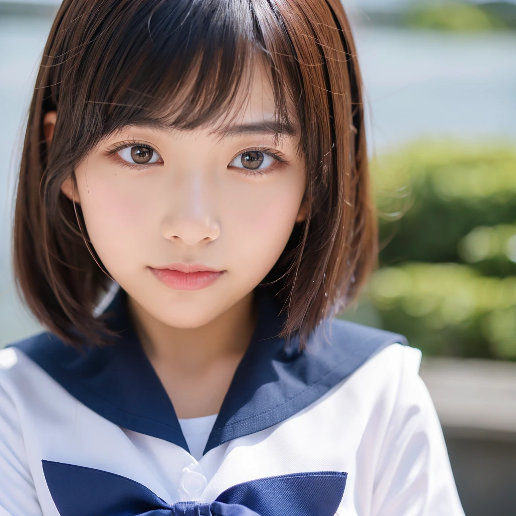 nsfw, navy blue sailor uniform, shoulder length hair, double eyelids, Japanese, no makeup, medium sized eyes, round face, no makeup