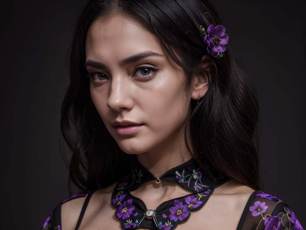 eugene fashion model eugene mok for dan rohmer, in the style of rebeca saray, dark black and violet, floral motifs, photorealistic detail, uhd image, caras ionut, detailed facial features