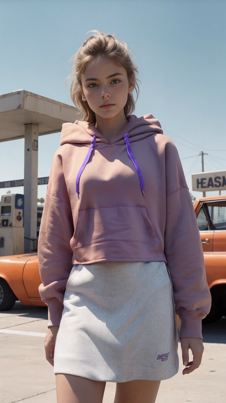 ultra detail, 8k portrait ((long shot full body photography)) ((best quality)), ((masterpiece)), (detailed), perfect beautiful face ,25 yo beautiful women ((orange color oversized_hoodie_e)) ((hoodie:1.5)), wear ((purple tennis skirt)), ((perfect natural breast)) perfect face, perfectly eyes, perfect lips, black bob hairstyles ,found footage, retro, 90's, old photo, photo noise, old photo, retro, masterpiece, raw photo, film photo, old, noisy photo, in front of the camera, casual photo, grain photo, in front of the camera, VHS footage, VHS look, chromatic aberration( low chromatic aberration), film footage, grainy photo, dirty photo, posing, retro photo, vintage photo, old, 90's, ((background at old 80's gas station California)),palm trees, blue sky, summer, los angles vibes, film by ((Wes Anderson style effect color)), 800mm lens,style of Philip Lorca diCorcia