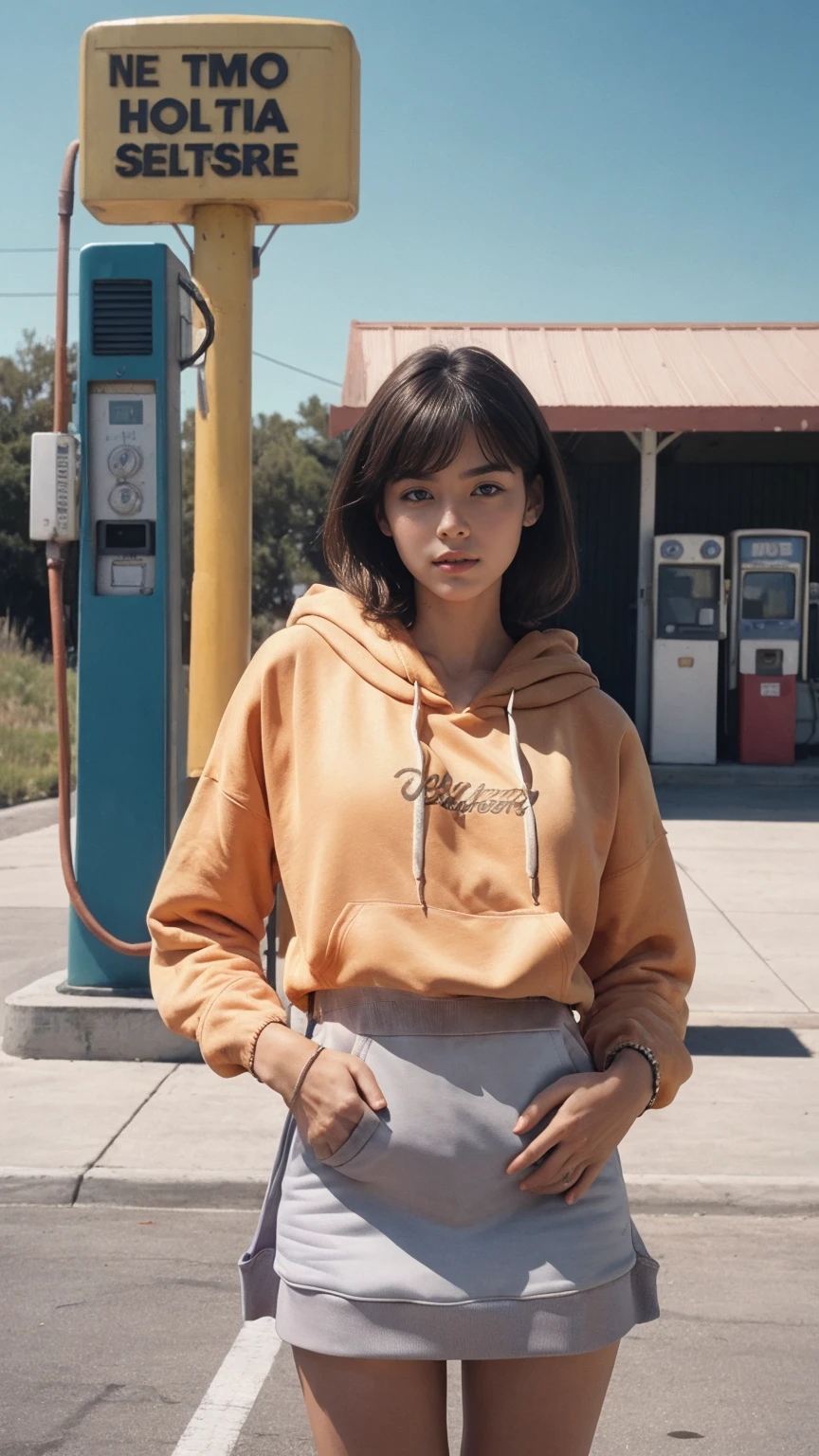 ultra detail, 8k portrait ((long shot full body photography)) ((best quality)), ((masterpiece)), (detailed), perfect beautiful face ,25 yo beautiful women ((orange color oversized_hoodie_e)) ((hoodie:1.5)), wear ((purple tennis skirt)), ((perfect natural breast)) perfect face, perfectly eyes, perfect lips, black bob hairstyles ,found footage, retro, 90's, old photo, photo noise, old photo, retro, masterpiece, raw photo, film photo, old, noisy photo, in front of the camera, casual photo, grain photo, in front of the camera, VHS footage, VHS look, chromatic aberration( low chromatic aberration), film footage, grainy photo, dirty photo, posing, retro photo, vintage photo, old, 90's, ((background at old 80's gas station California)),palm trees, blue sky, summer, los angles vibes, film by ((Wes Anderson style effect color)), 800mm lens,style of Philip Lorca diCorcia