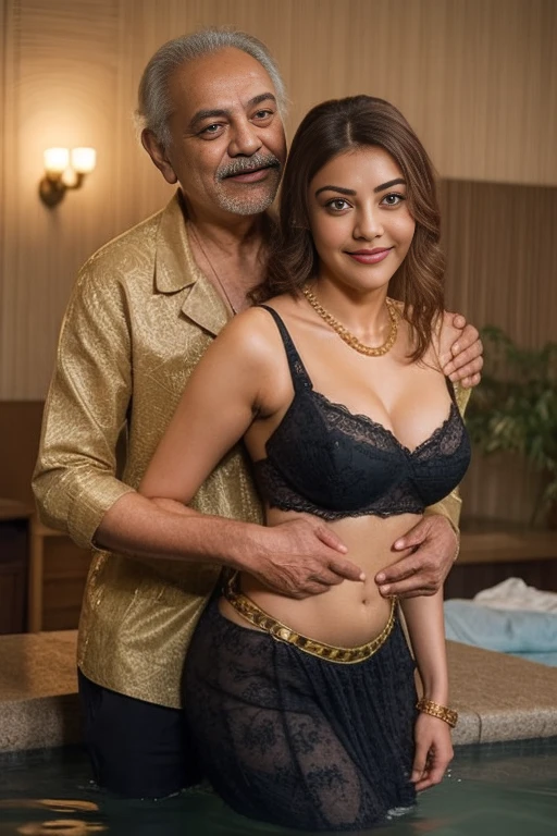 Day scene,kajal and Oldman, Indian black old man, couple pose, a Oldman and kajal in under the water fall, black lace bra and saree, detailed old man, old man gripping kajal waist,big cheeks, curvy, Hollywood lips, wet navel, deep cleavage, necklace, erotic face, 36 yo, ponytail, look at viewer and smile, (cinematic:1.3), intricate details, (ArtStation:1.2),Oldman and beautiful girl posing to viewers, detailed Oldman, old man waist gripping, romantic pose, golden waist chain,