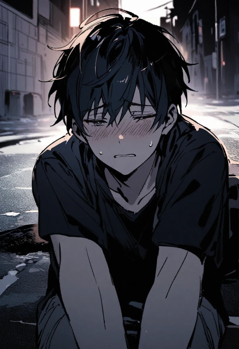 a  boy sad and seat in road said