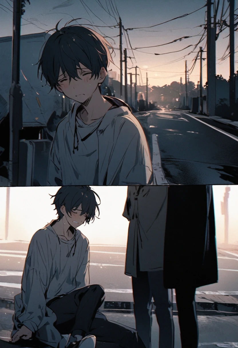 a  boy sad and seat in road said