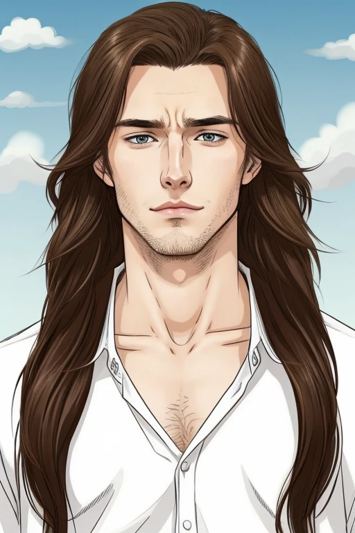 Estilo webtoom lookism, Is a man, long hair below the shoulders, hair color is brown blonde, his eyes are light brown, his skin is pale, His eyes look tired and he has a serious expression., He is wearing his high .