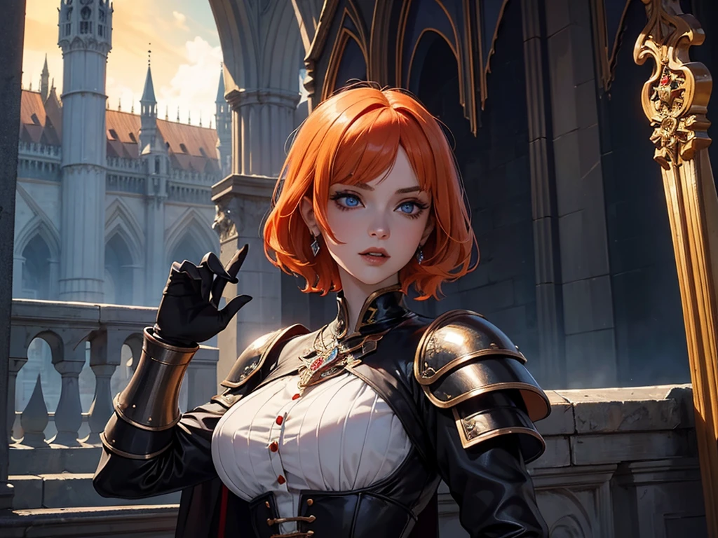 A beautiful and wonderful vampire woman, extremely detailed, short orange hair, wearing extremely detailed gothic armor, blue eyes in medieval public square, palace, crepúsculo, 8k, linda, sacerdotisa, crepúsculo, entardecer, vampira, gothic armor.