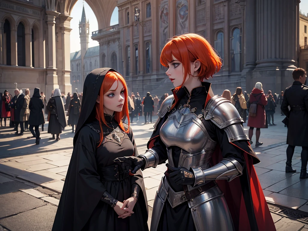 A beautiful and wonderful vampire woman, extremely detailed, short orange hair, wearing extremely detailed gothic armor, blue eyes in medieval public square, palace, crepúsculo, 8k, linda, sacerdotisa, crepúsculo, entardecer, vampira, gothic armor.