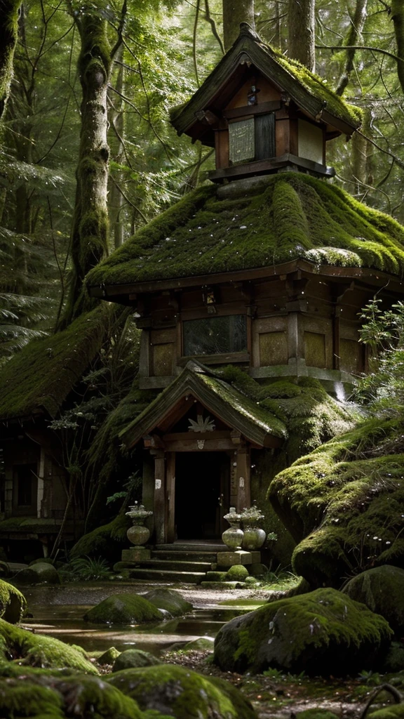 Sure! Here's a prompt in English for the photo:
"A small shrine perched on a moss-covered rock amidst a dense, tranquil forest. The tall trees and lush greenery create a serene and mystical atmosphere."