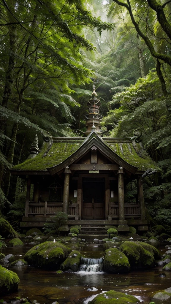 Sure! Here's a prompt in English for the photo:
"A small shrine perched on a moss-covered rock amidst a dense, tranquil forest. The tall trees and lush greenery create a serene and mystical atmosphere."