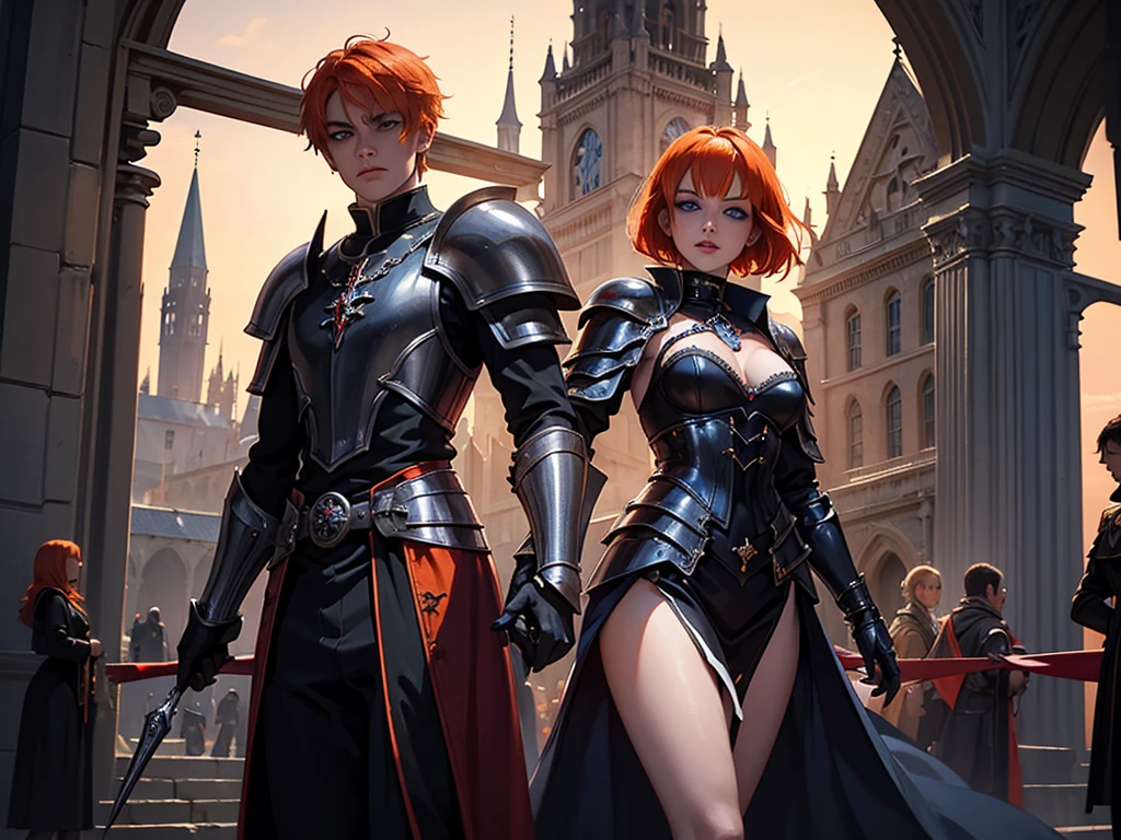 A beautiful and wonderful vampire woman, extremely detailed, short orange hair, wearing extremely detailed gothic armor, blue eyes in medieval public square, palace, crepúsculo, 8k, linda, sacerdotisa, crepúsculo, entardecer, vampira, gothic armor.
