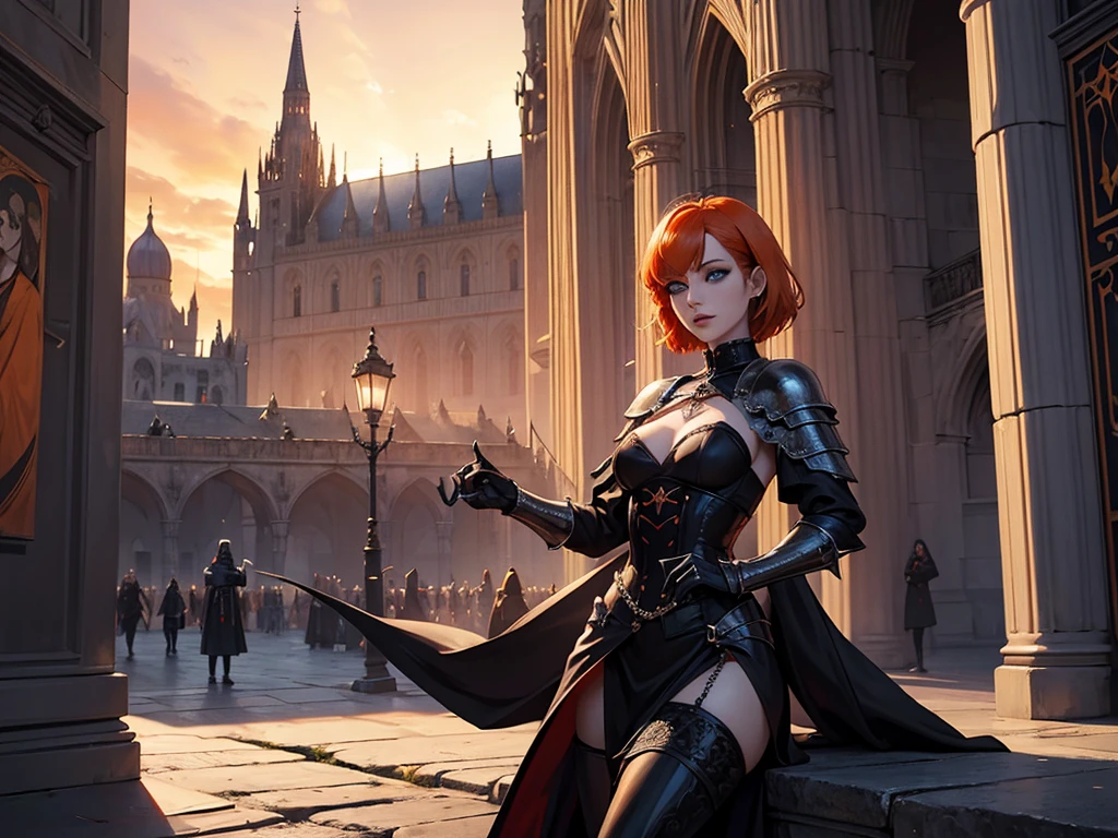 A beautiful and wonderful vampire woman, extremely detailed, short orange hair, wearing extremely detailed gothic armor, blue eyes in medieval public square, palace, crepúsculo, 8k, linda, sacerdotisa, crepúsculo, entardecer, vampira, gothic armor.