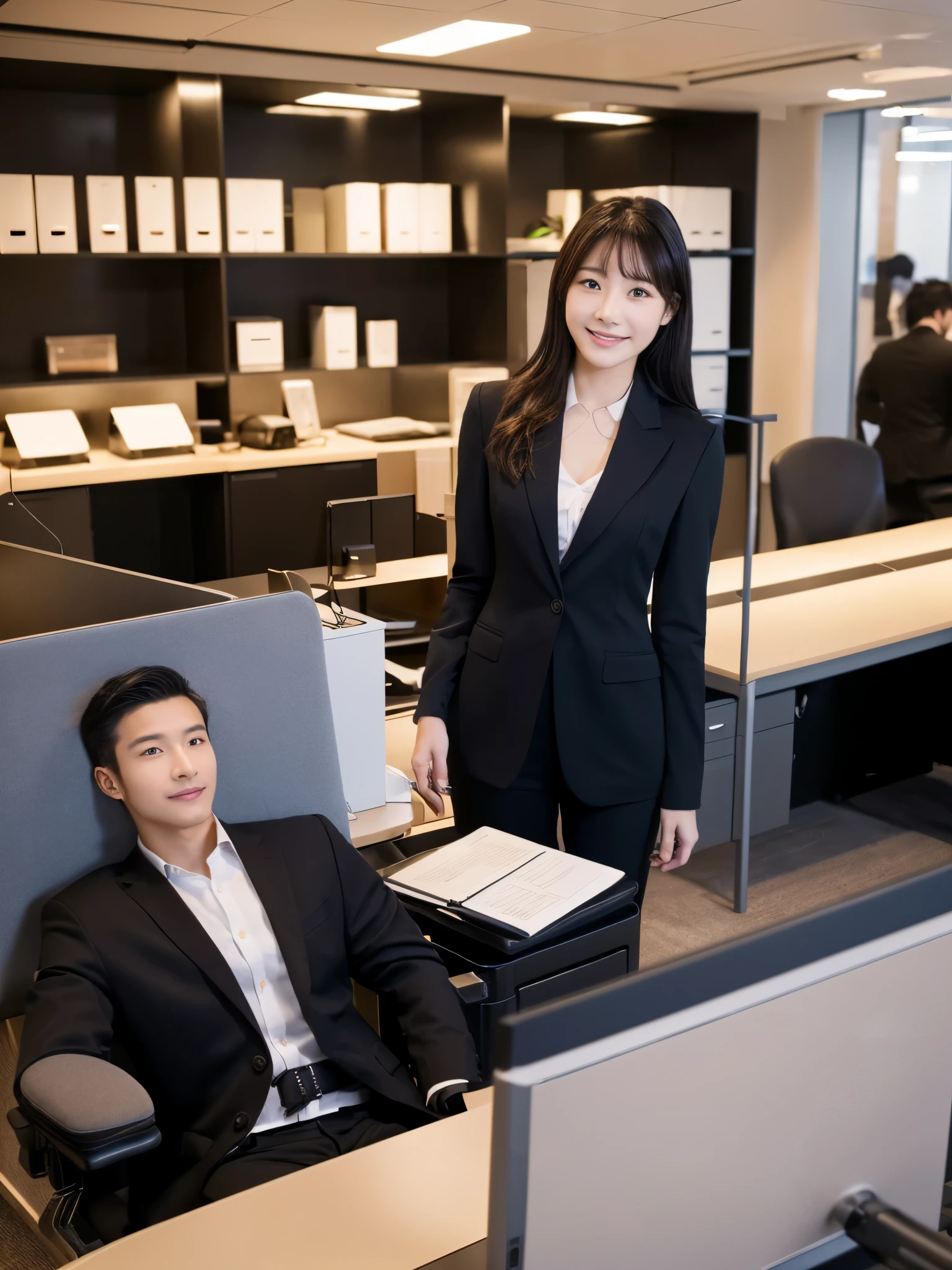 masterpiece、超High resolution、She is very cute and young like an idol...々Cute 18 year old business woman、Gentle and cute、A kind smile、bikini、Medium Bust、(((bikini姿の沢山の女性従業員が働く)))、((Male employees are in suits))、((Working in an office with a business desk in a building)).　whole body、RAW Photos、Genuine、High resolution、Live Action