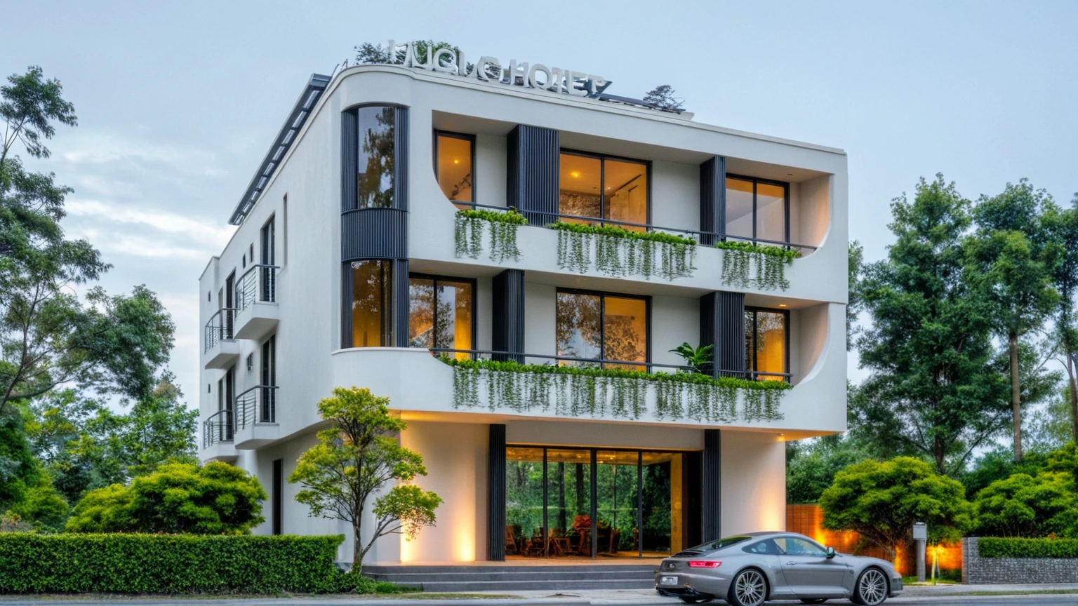 Masterpiece, high quality, best quality, authentic, super detail, outdoors, onestoreyvillaXL, aiaigroup, house style modern on the street ,stairs, white wall ,road,pavement, grass, trees, sky, cloud, (daylight:1.1)