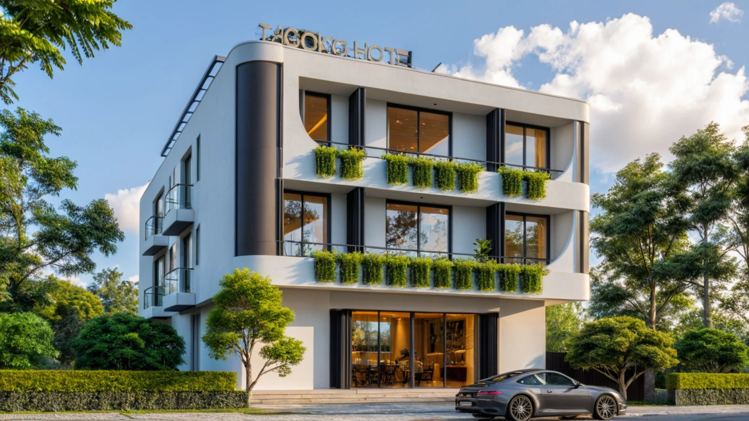 Masterpiece, high quality, best quality, authentic, super detail, outdoors, onestoreyvillaXL, aiaigroup, house style modern on the street ,stairs, white wall ,road,pavement, grass, trees, sky, cloud, (daylight:1.1)