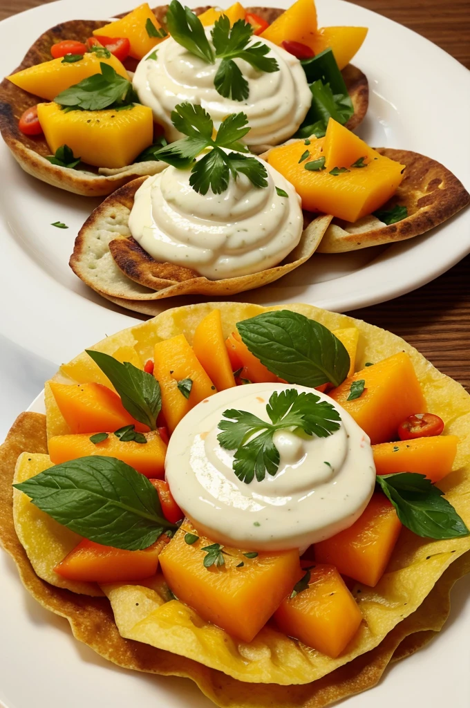 Give me a picture of Papad based canapes with the the mix of choped papaya,choped mango amd chopped tomato and the yogurt are there and garnished by coriander leaves. 