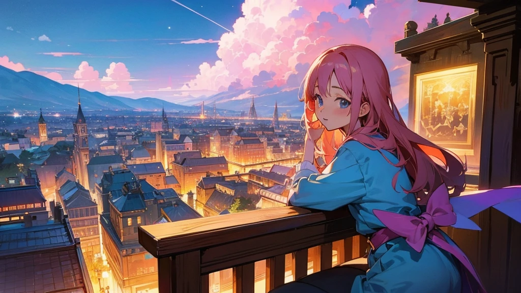 Anime Style,Nostalgic,Detailed background,Magical World,A lively bar with lots of people,Beautiful sky,Bard's Smiling Beauty,guitar,Large Breasts,Healthy thighs